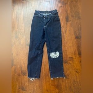 Madison Beer x BooHoo Indigo Split Hem Jean with Rip Knee